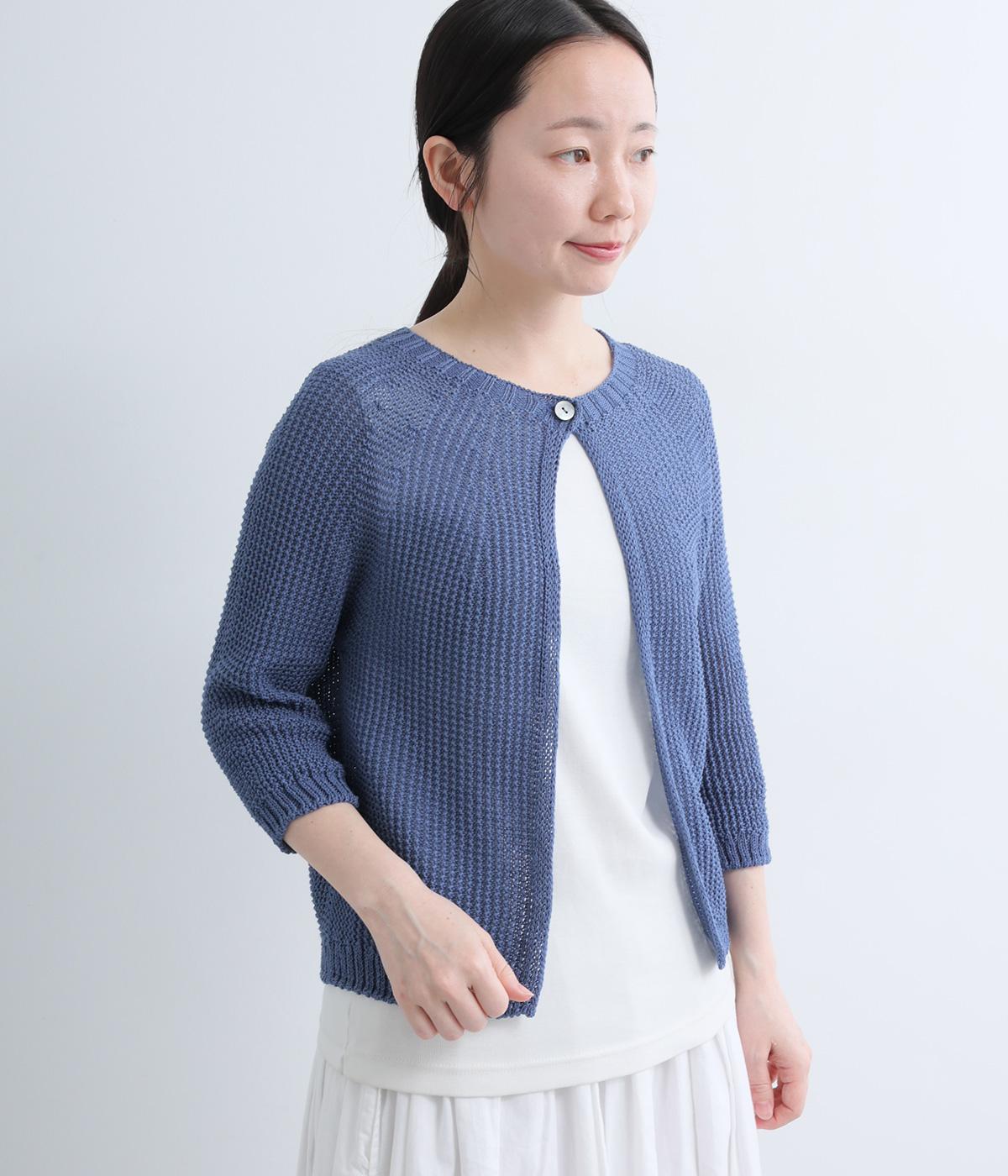 コットン7分袖ニットカーディガン(ブルー-F)