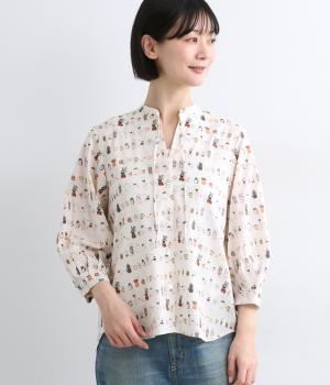 コーヒー柄　細リボンボリュームスリーブブラウス(オフ-F)