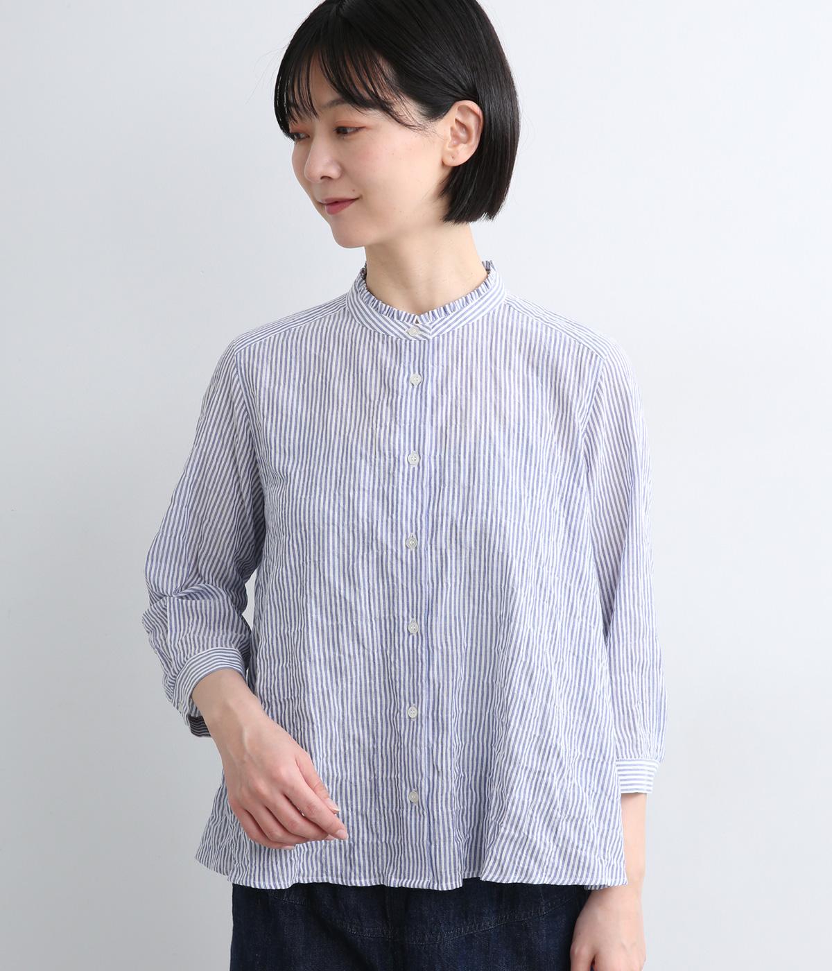 シャーリング　スタンドフリルAラインブラウス(ストライプ-F)