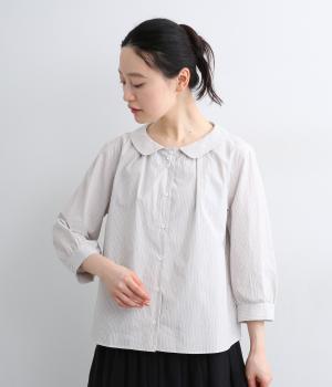 ストライプ　フラットカラーギャザーブラウス