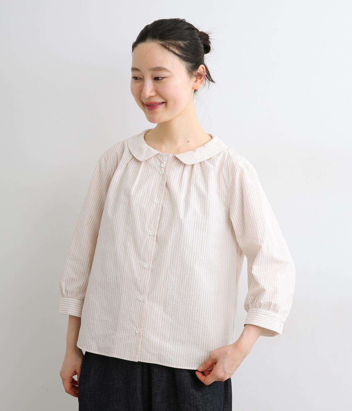 ストライプ　フラットカラーギャザーブラウス(オレンジストライプ-F)