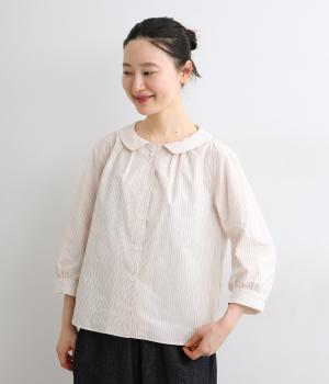 ストライプ　フラットカラーギャザーブラウス(オレンジストライプ-F)