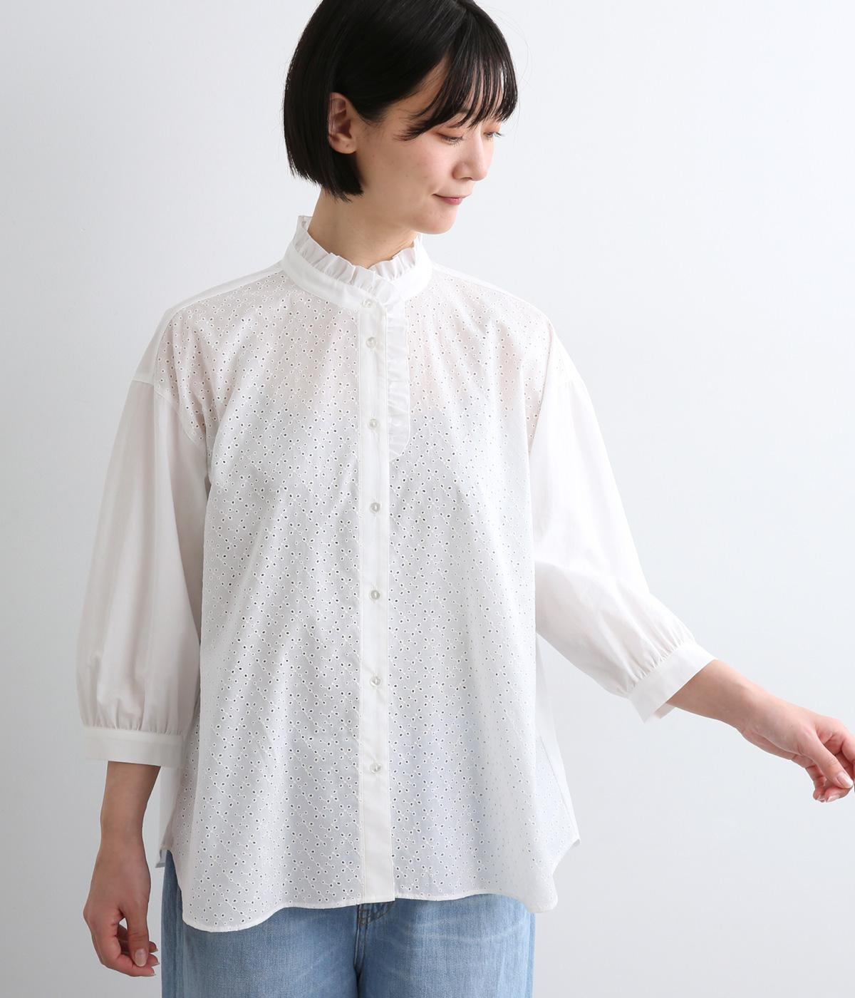 コットン刺繍　フリルブラウス(オフ-F)