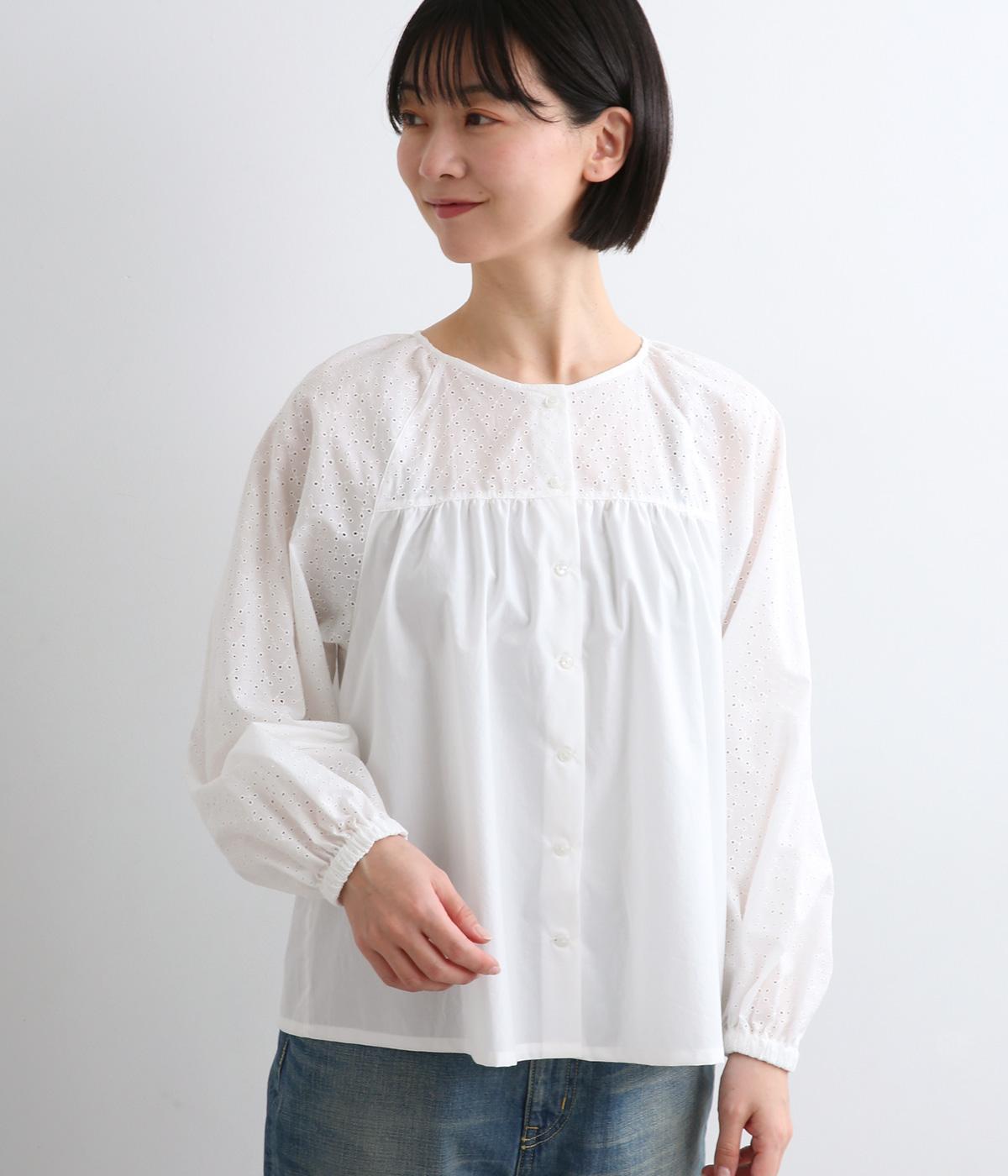 コットン刺繍　ボリュームスリーブラグランブラウス(オフ-F)