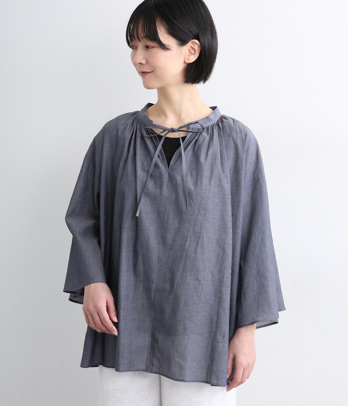 コットンデニム　ベルスリーブギャザーブラウス(インディゴ-F)