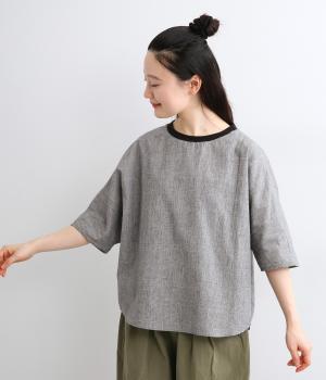 コットンリネンチェック　クルーネックプルオーバー(モノトーン-F)