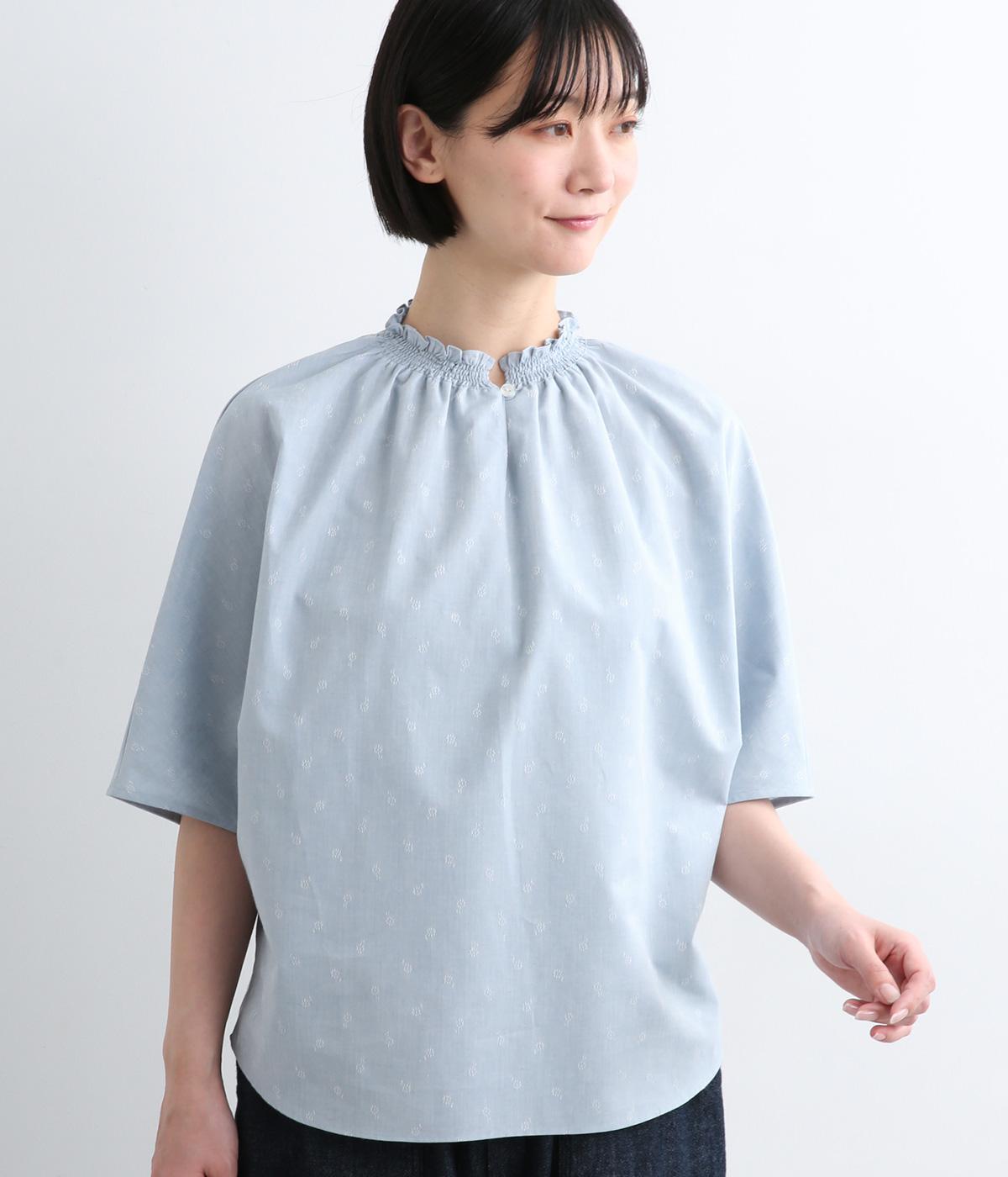 先染めジャカード　シャーリングハーフスリーブブラウス(ライトブルー小花-F)