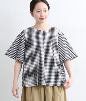 オーガニックコットンエアリーリップルスキッパーブラウス(ブラック-M)