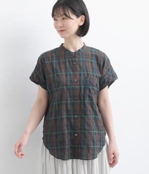 シャーリングタータンチェック　ツイストスリーブシャツ(ネイビー×ブラウン-F)