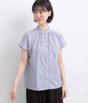 LIBERTYくるみ釦　スタンドフリルギャザーシャツ(ネイビー-F)