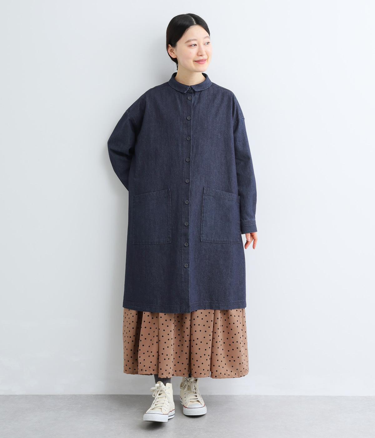 コットンリネン　デニムシャツワンピースコート(ネイビー-F)