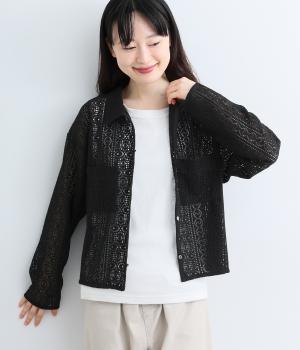 クロッシェ調ラッセルレース　シャツカーディガン（ブラック・F）