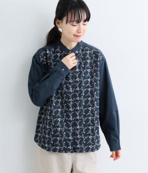 花刺繍バンドカラードロップショルダーシャツ（ネイビー・F）