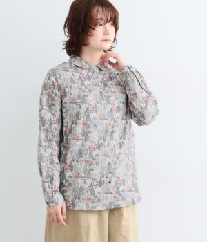 コットンビエラ森と家　フラット風丸襟レギュラーシャツ（グリーン系・F）