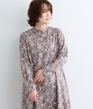 コットンビエラ森と家　バンドカラーフレアワンピース（グレー系・F）