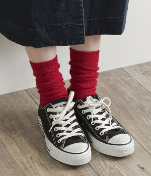 Praha　アルパカウールケーブルソックス(レッド-ONESIZE)