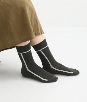 シルケットコットンラインソックス(ブラック×ライトグレー-ONESIZE)