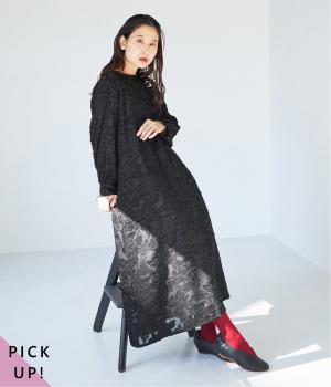 フラワーカットジャカードワンピース(ブラック-L)