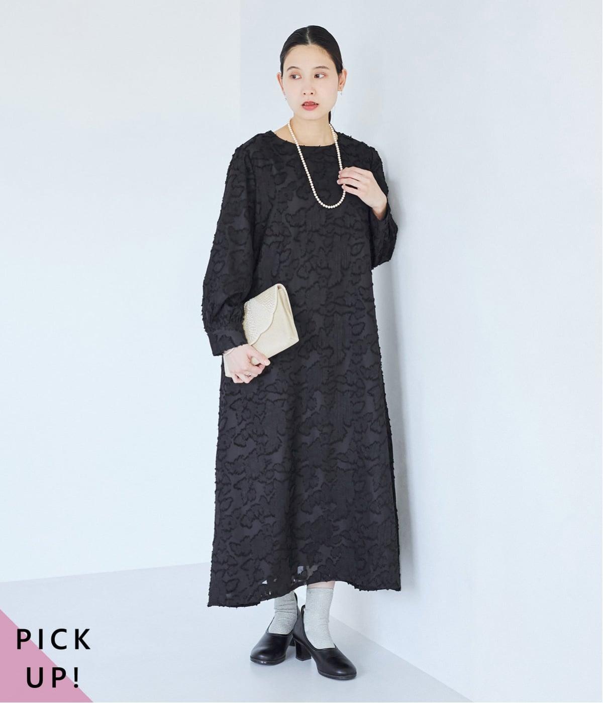 フラワーカットジャカードワンピース(ブラック-MP)