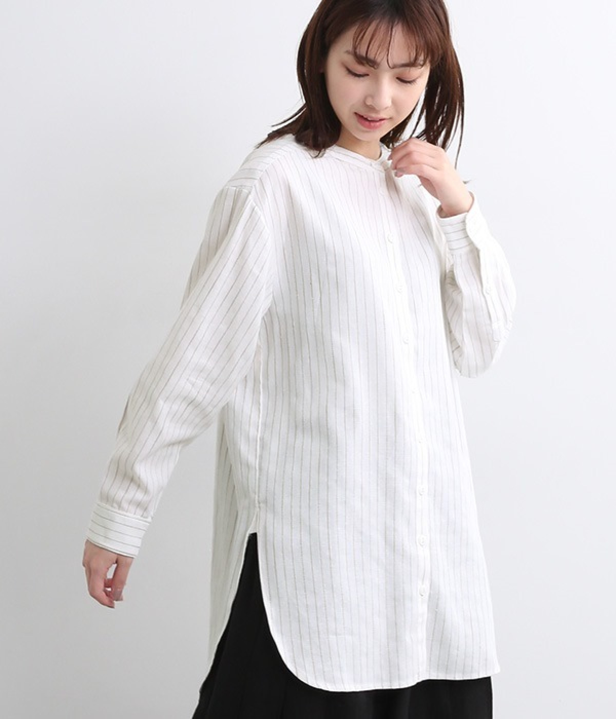 コットンリネンストライプ　ラウンドヘムチュニック(オフホワイト-ONESIZE)