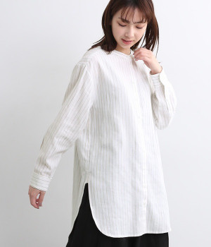 コットンリネンストライプ　ラウンドヘムチュニック(オフホワイト-ONESIZE)