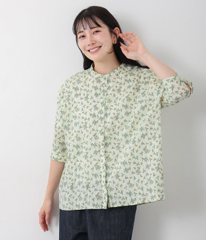 フラワープリント 6分袖クリンクルシャツ