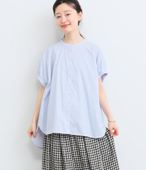 ライト平織りコットン製品染め ギャザースリーブシャツ(ブルー-ONESIZE)