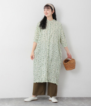 フラワープリント 7分袖クリンクルワンピース(ナチュラル-ONESIZE)