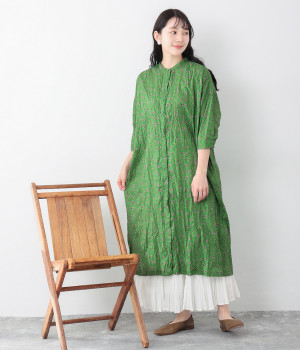 フラワープリント 7分袖クリンクルワンピース(グリーン-ONESIZE)