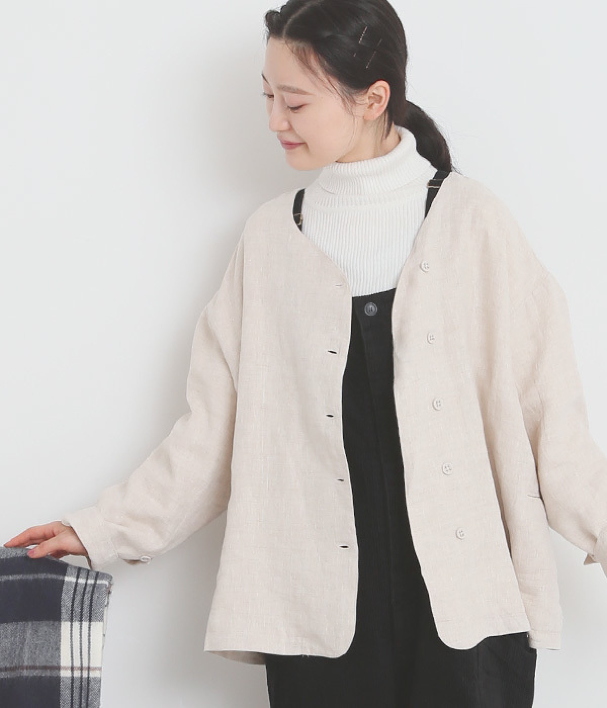 リネン　ノーカラーシャツジャケット(ナチュラル-ONESIZE)