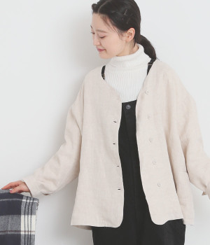 リネン　ノーカラーシャツジャケット(ナチュラル-ONESIZE)