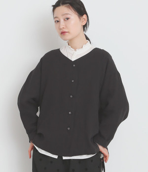 リネン　ノーカラーシャツジャケット(ブラック-ONESIZE)