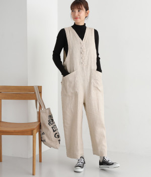 リネンヘリンボーン　Vネックサロペット(ベージュ-ONESIZE)