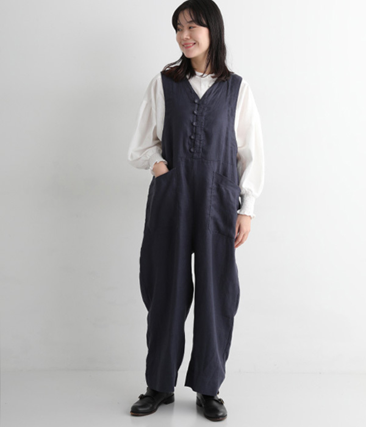 リネンヘリンボーン Vネックサロペット｜YURK geniet van（ユルクフ