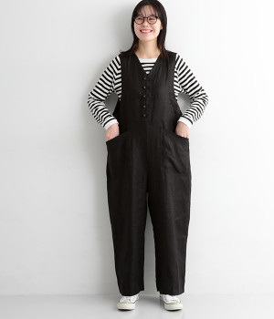 リネンヘリンボーン　Vネックサロペット(ブラック-ONESIZE)