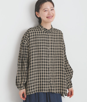 リネンギンガムチェック　フリルカラーシャツ(ブラック-ONESIZE)