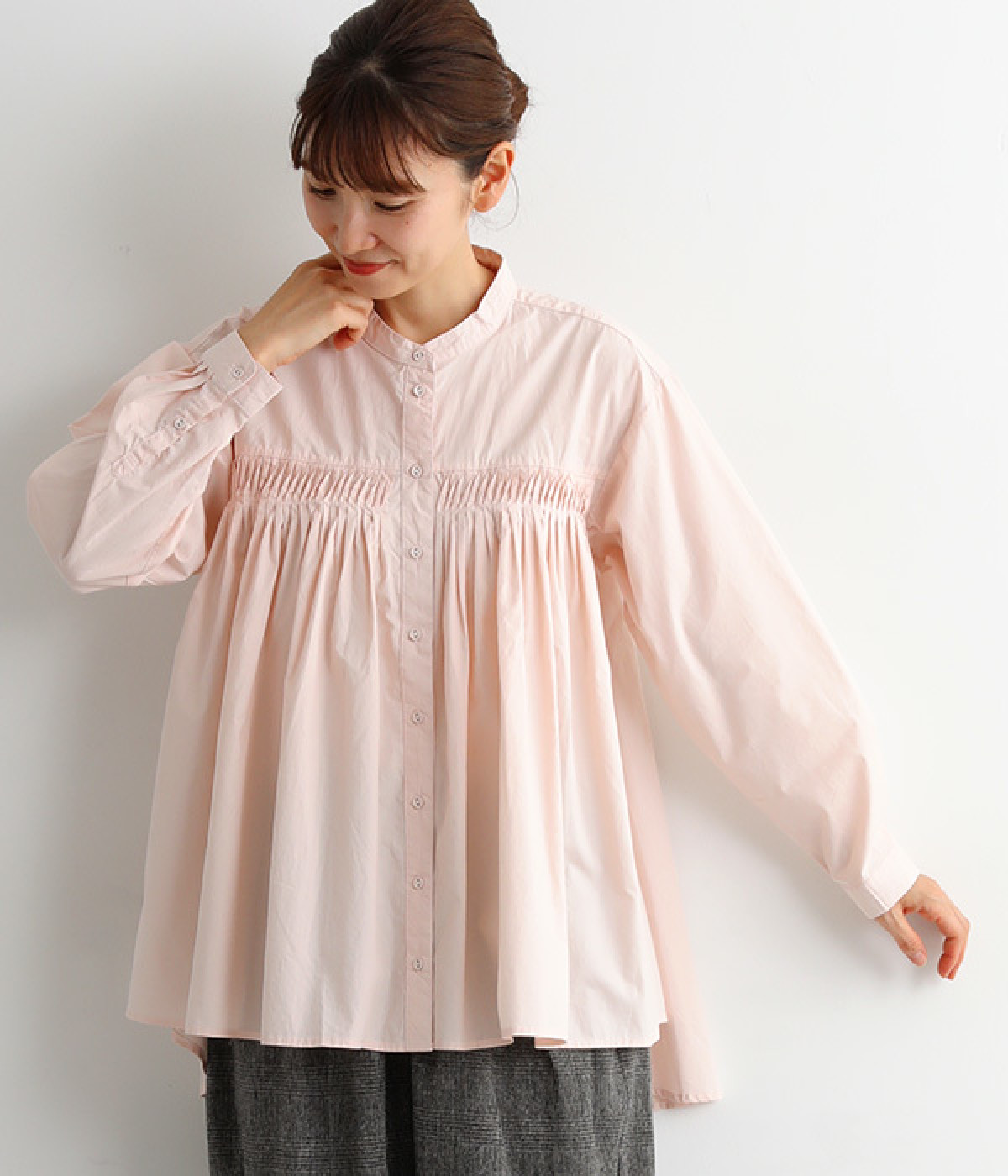 コットンタイプライター　ピンタックフレアーシャツ(ピンク-ONESIZE)