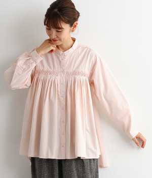 コットンタイプライター　ピンタックフレアーシャツ(ピンク-ONESIZE)