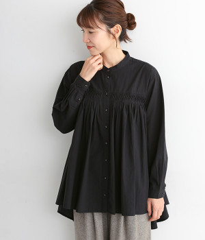 コットンタイプライター　ピンタックフレアーシャツ(ブラック-ONESIZE)