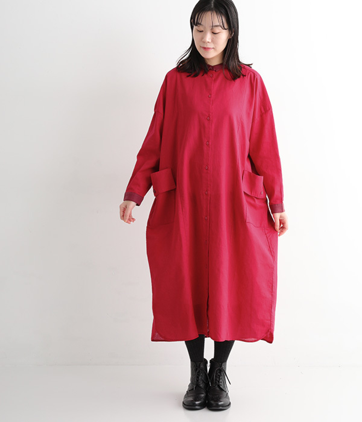 リネンコットン　バイカラーワンピース(レッド-ONESIZE)