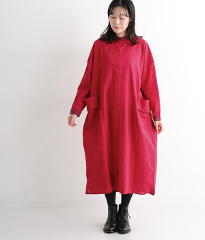 リネンコットン　バイカラーワンピース(レッド-ONESIZE)