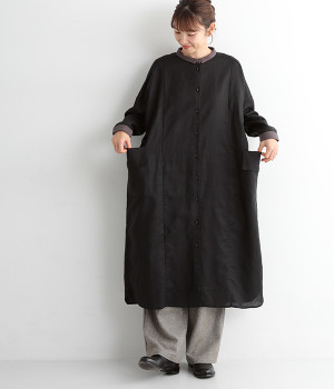 リネンコットン　バイカラーワンピース(ブラック-ONESIZE)