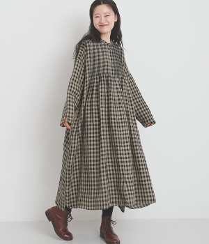 リネンギンガムチェック　ピンタックワンピース(ブラック-ONESIZE)