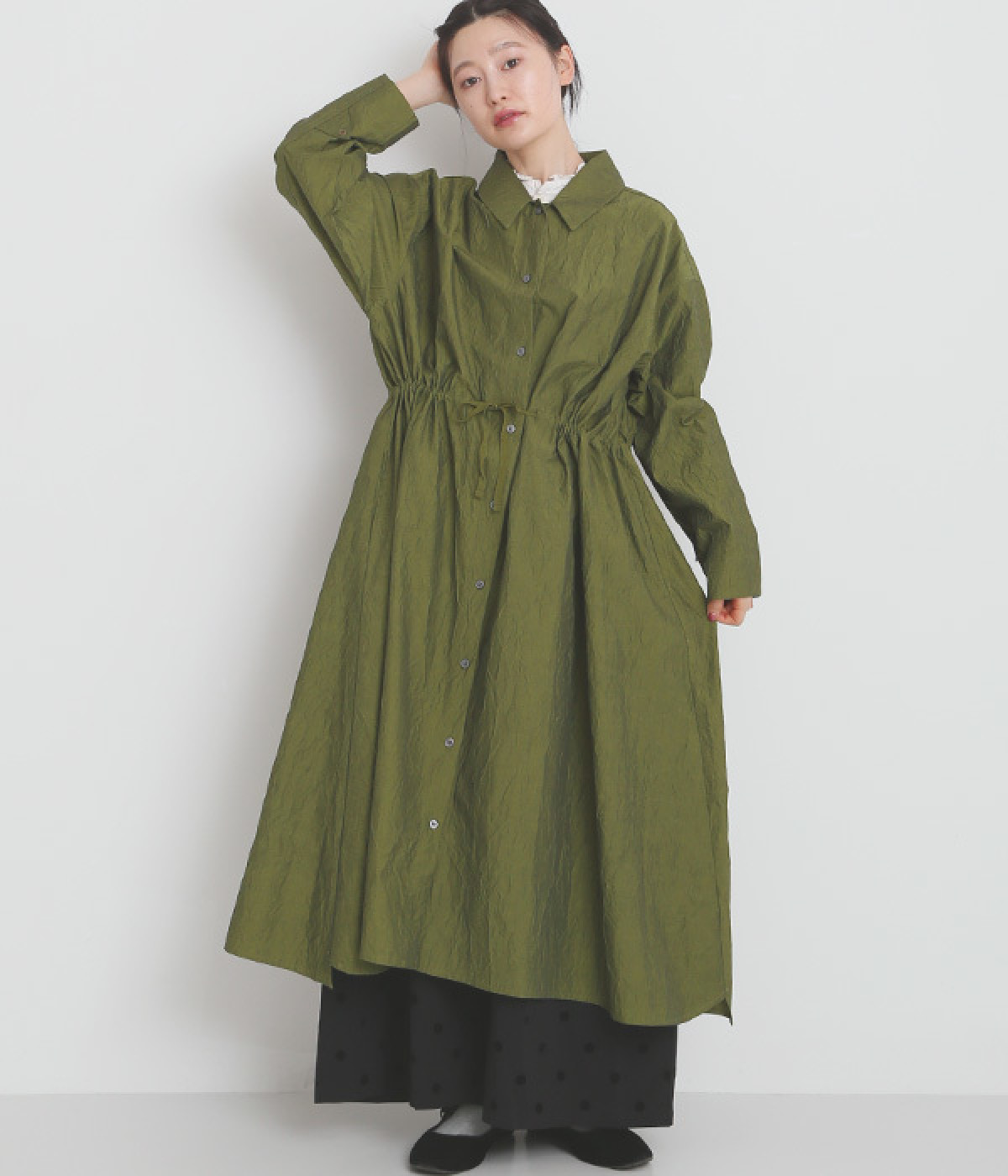 ウォッシャーコットン　ドロストリングワンピース(カーキ-ONESIZE)