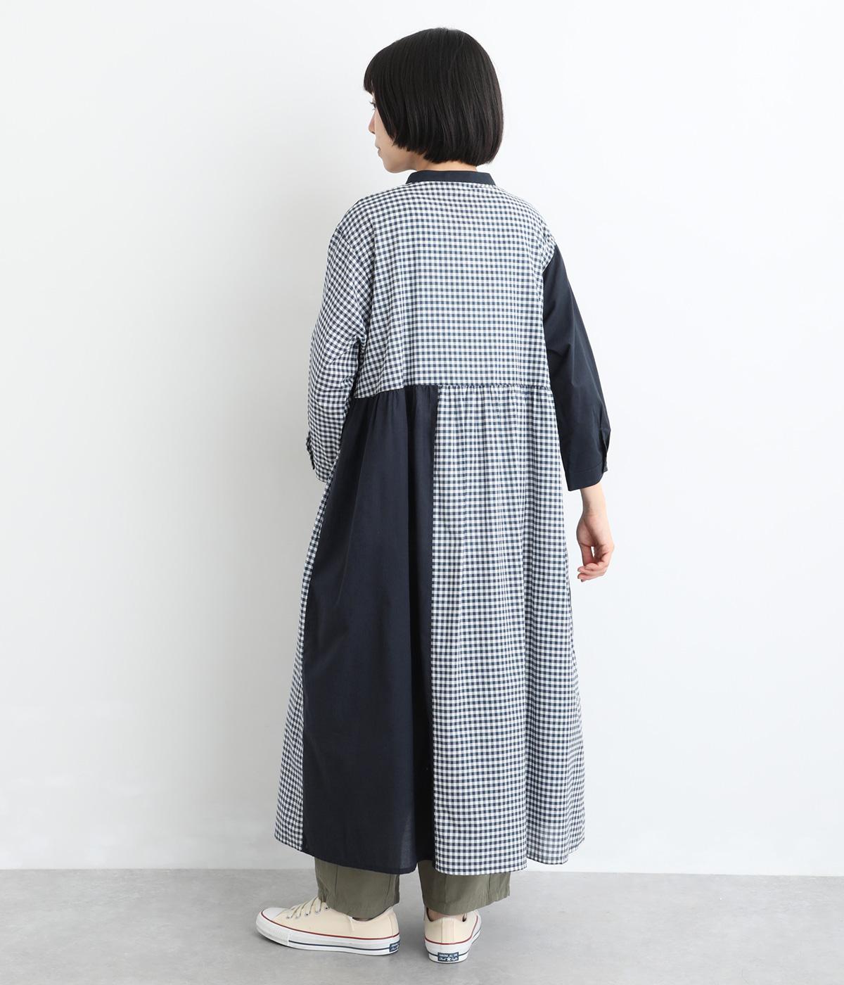 無地×チェック 切替コンビ8分袖ワンピース｜cloudnine（クラウドナイン