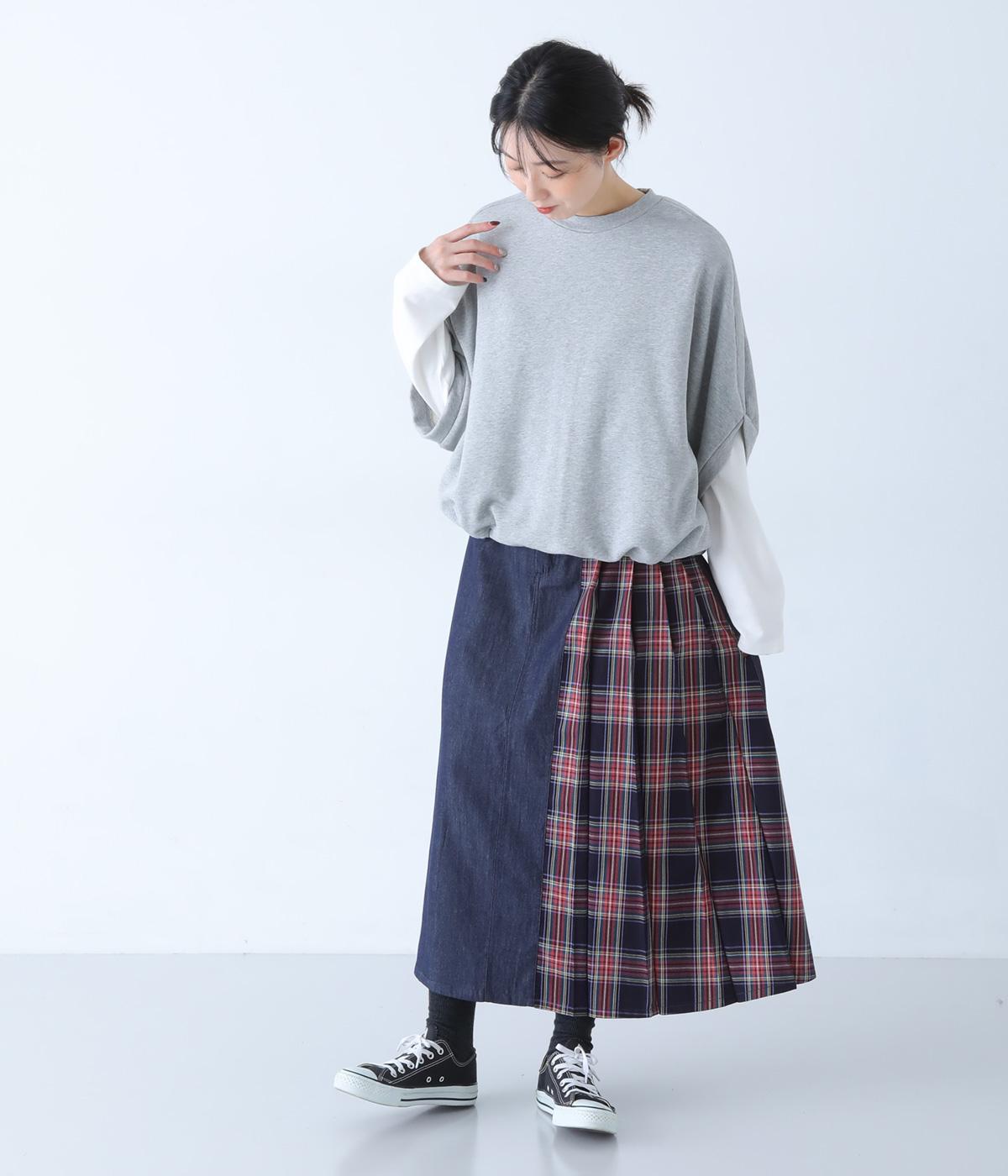デニム×チェック柄プリーツドッキングスカート｜cloudnine（クラウド