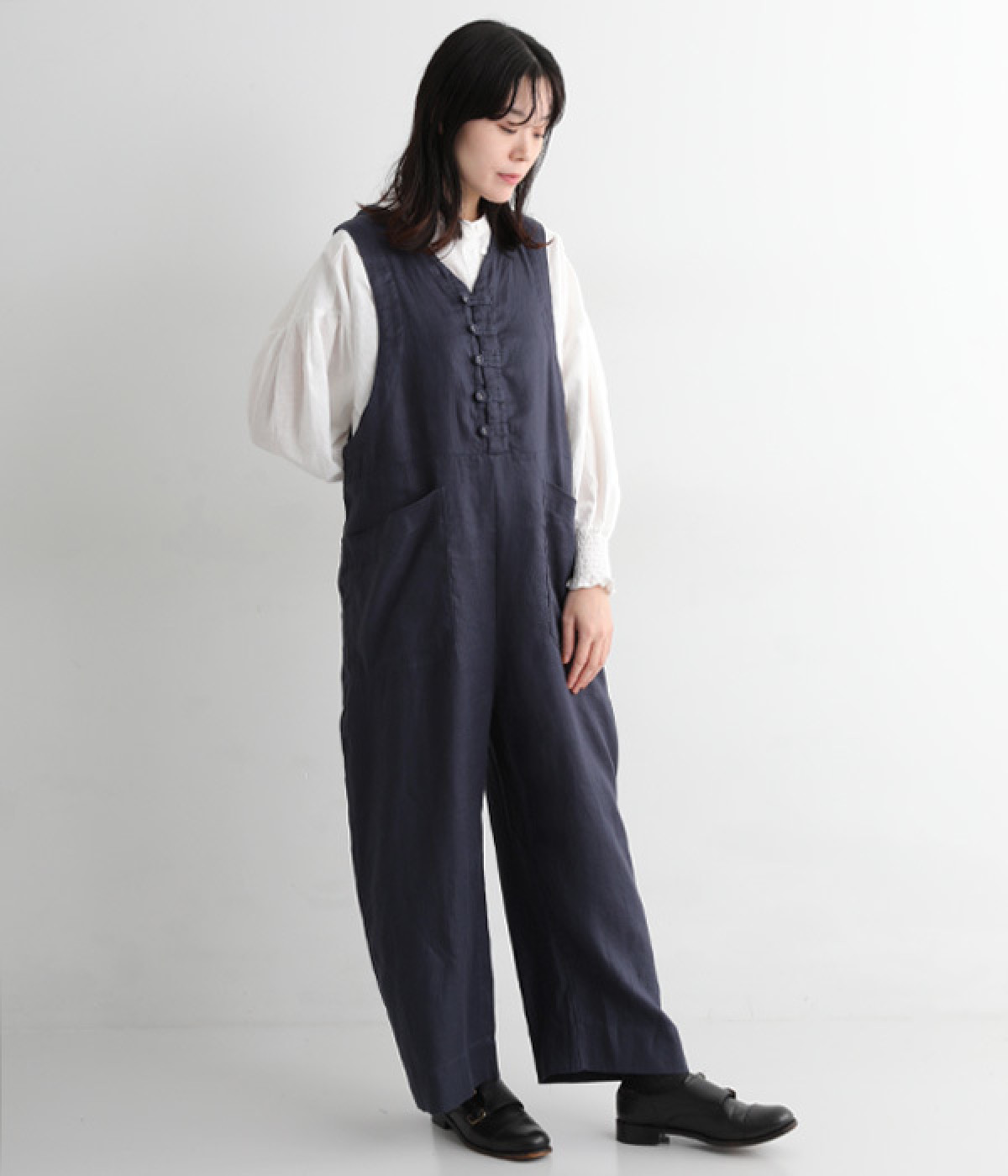 リネンヘリンボーン Vネックサロペット｜YURK geniet van（ユルクフ