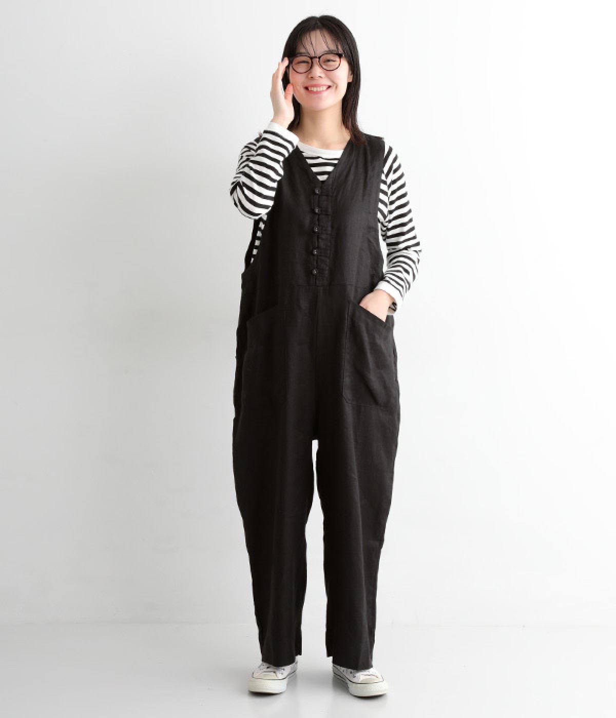 リネンヘリンボーン Vネックサロペット｜YURK geniet van（ユルクフ