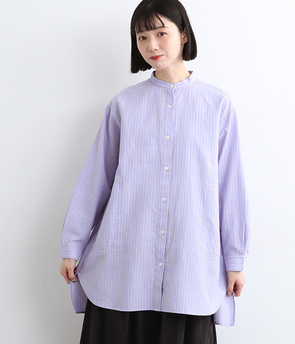 コットンシルクガーゼロングシャツ(A・ブルー系ストライプ)