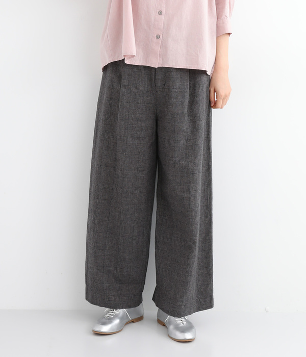 製品洗いコットンリネン　ワンタックパンツ(E・グレンチェック)